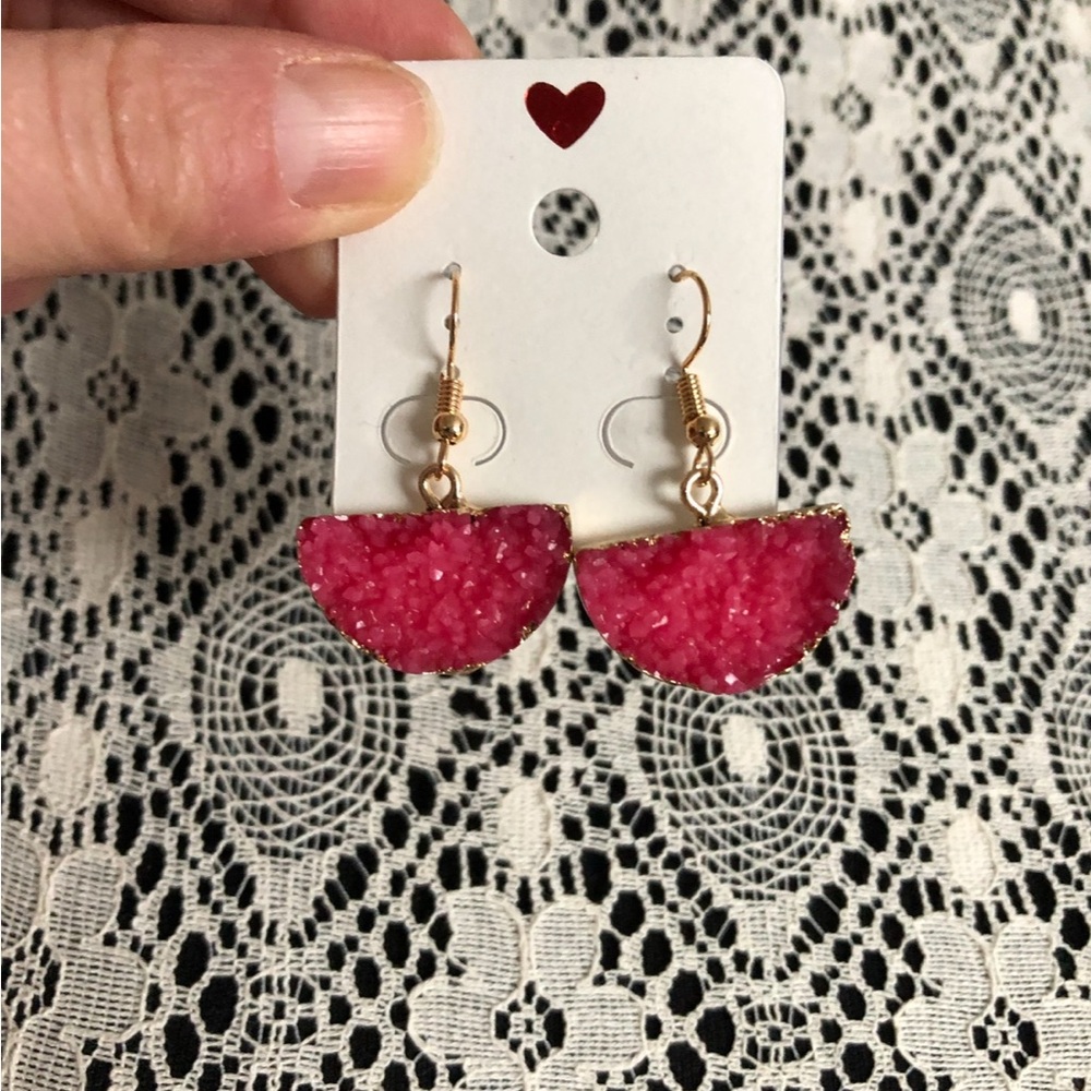 New Half Moon Sparkly Pink Gold Plated Earrings.